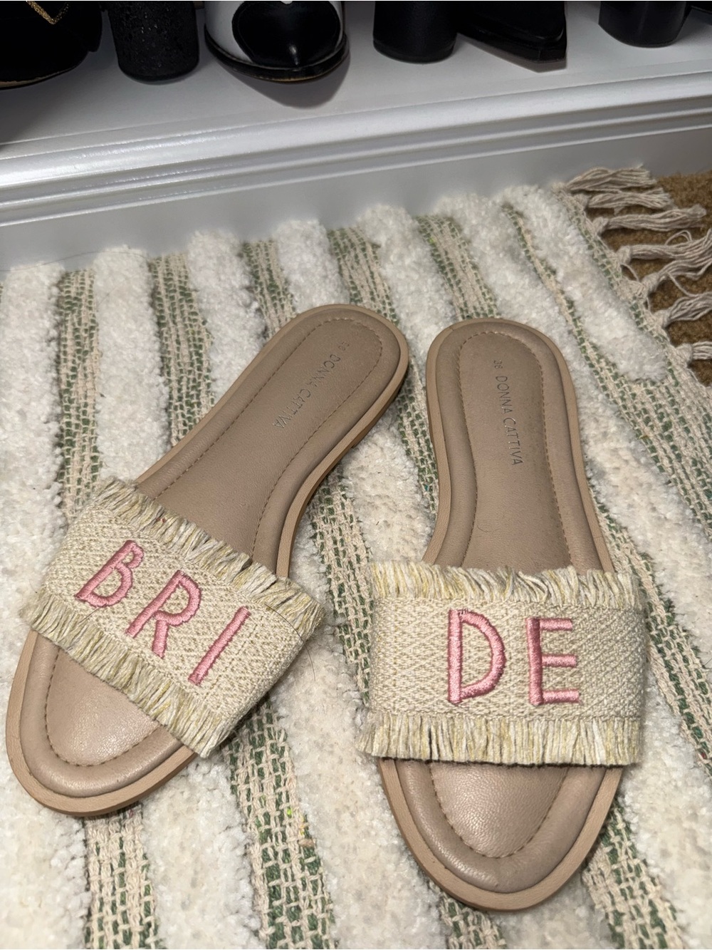 Embroidered 'BRIDE' Slide Sandals - Beige with Pink